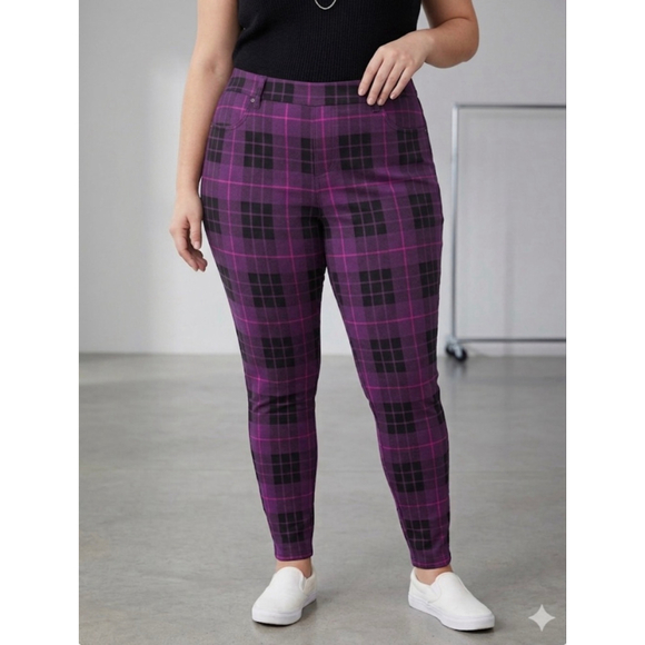 Terra & Sky Pants - Terra & Sky Plus 1X Purple Black Plaid Leggings